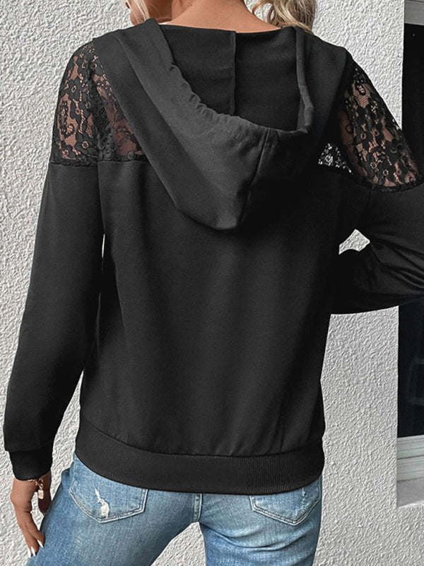 New long - sleeved black lace stitching women's hooded sweater - Outerwear